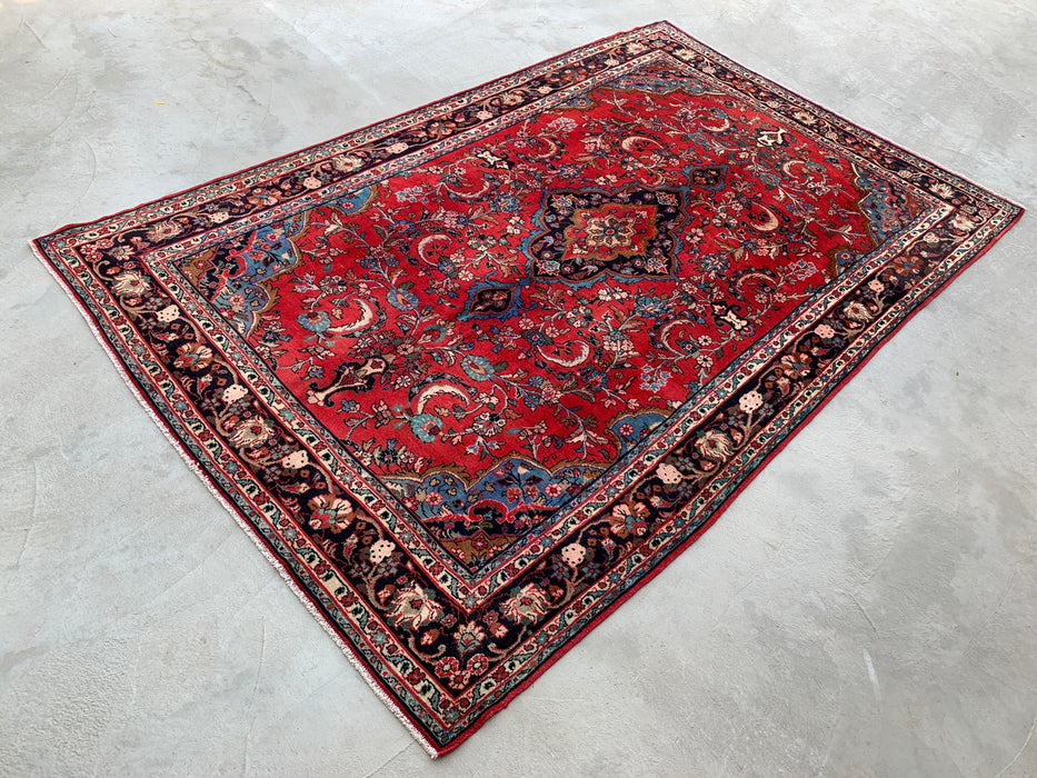Handmade Persian Wool Area Rug 7x10 - Red, Navy & Ivory Floral Medallion Persian Style Rug - Exact Size 10'5" x 6'8" - KBHM-746
