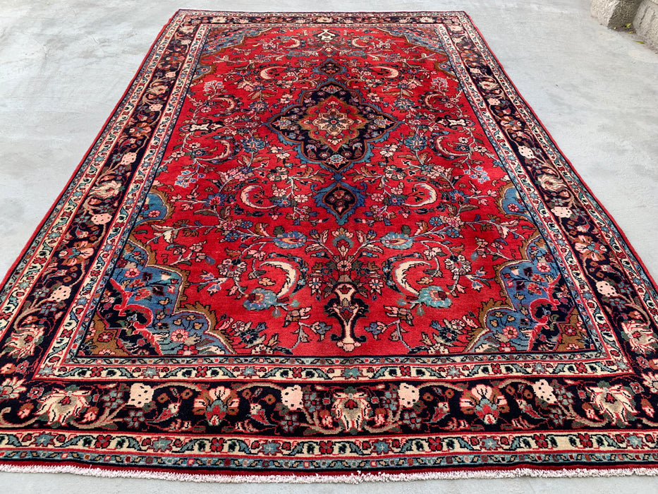 Handmade Persian Wool Area Rug 7x10 - Red, Navy & Ivory Floral Medallion Persian Style Rug - Exact Size 10'5" x 6'8" - KBHM-746