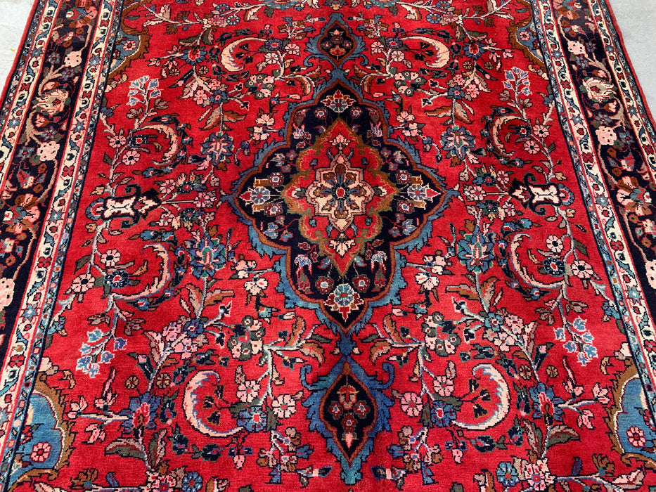 Handmade Persian Wool Area Rug 7x10 - Red, Navy & Ivory Floral Medallion Persian Style Rug - Exact Size 10'5" x 6'8" - KBHM-746