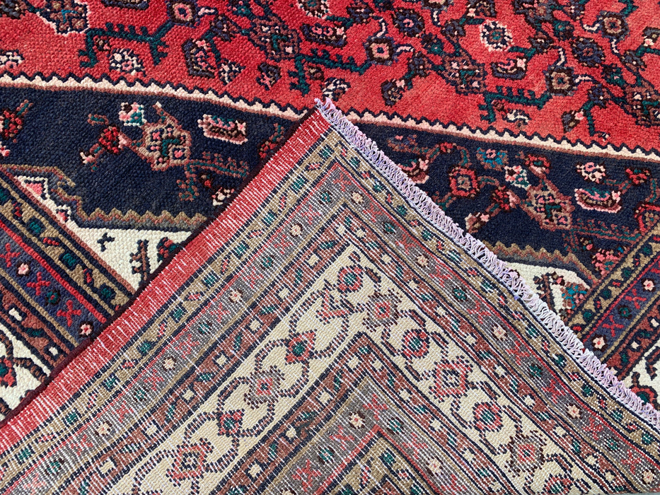 Handmade Persian Wool Area Rug 7x10 - Red, Navy & Ivory Geometric Medallion Persian Style Rug - Exact Size 9'3" x 6'11" - KBHM-747