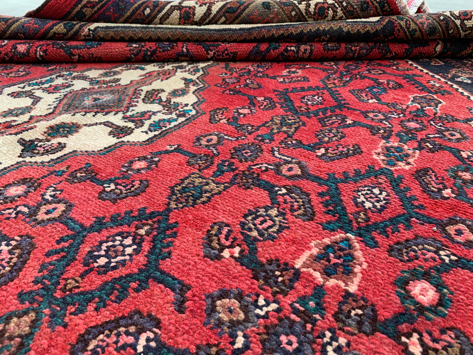 Handmade Persian Wool Area Rug 7x10 - Red, Navy & Ivory Geometric Medallion Persian Style Rug - Exact Size 9'3" x 6'11" - KBHM-747