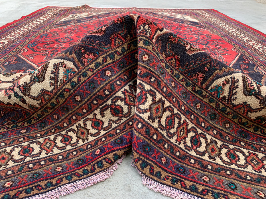 Handmade Persian Wool Area Rug 7x10 - Red, Navy & Ivory Geometric Medallion Persian Style Rug - Exact Size 9'3" x 6'11" - KBHM-747