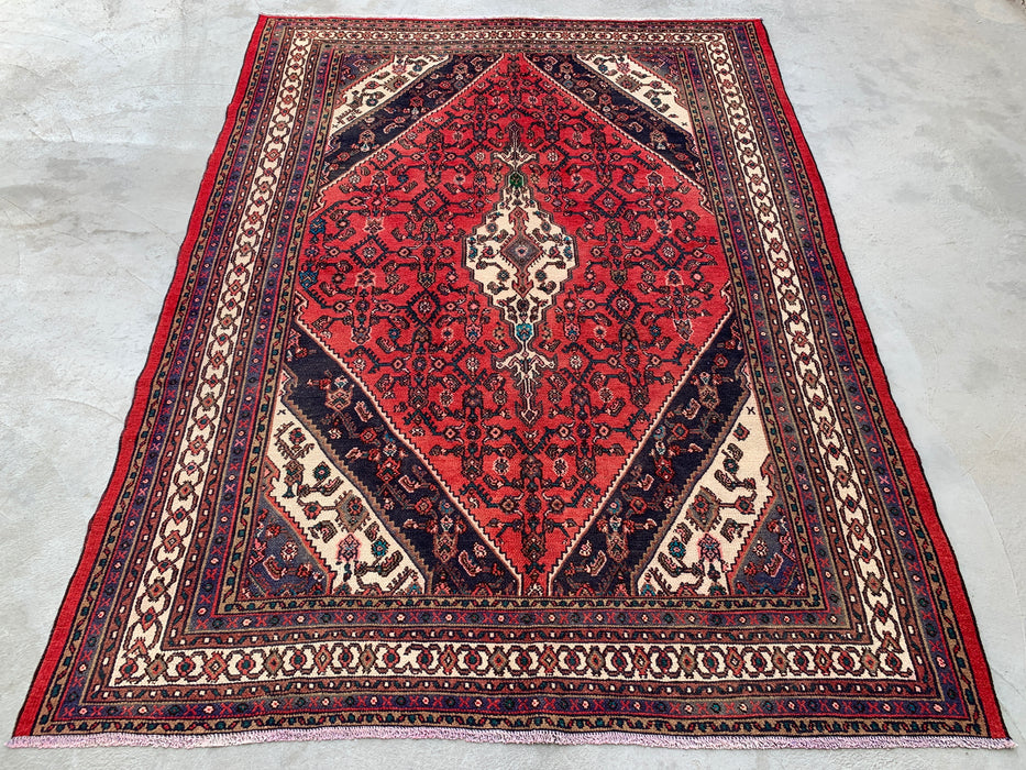 Handmade Persian Wool Area Rug 7x10 - Red, Navy & Ivory Geometric Medallion Persian Style Rug - Exact Size 9'3" x 6'11" - KBHM-747
