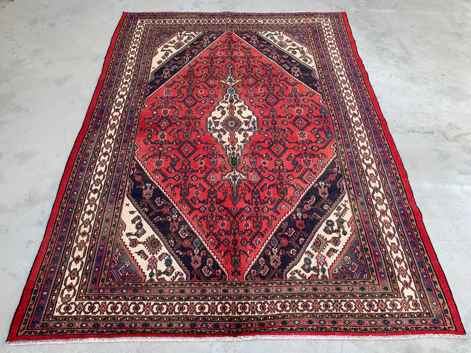 Handmade Persian Wool Area Rug 7x10 - Red, Navy & Ivory Geometric Medallion Persian Style Rug - Exact Size 9'3" x 6'11" - KBHM-747