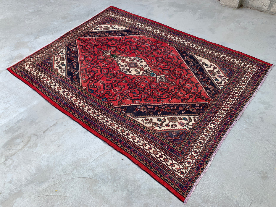Handmade Persian Wool Area Rug 7x10 - Red, Navy & Ivory Geometric Medallion Persian Style Rug - Exact Size 9'3" x 6'11" - KBHM-747