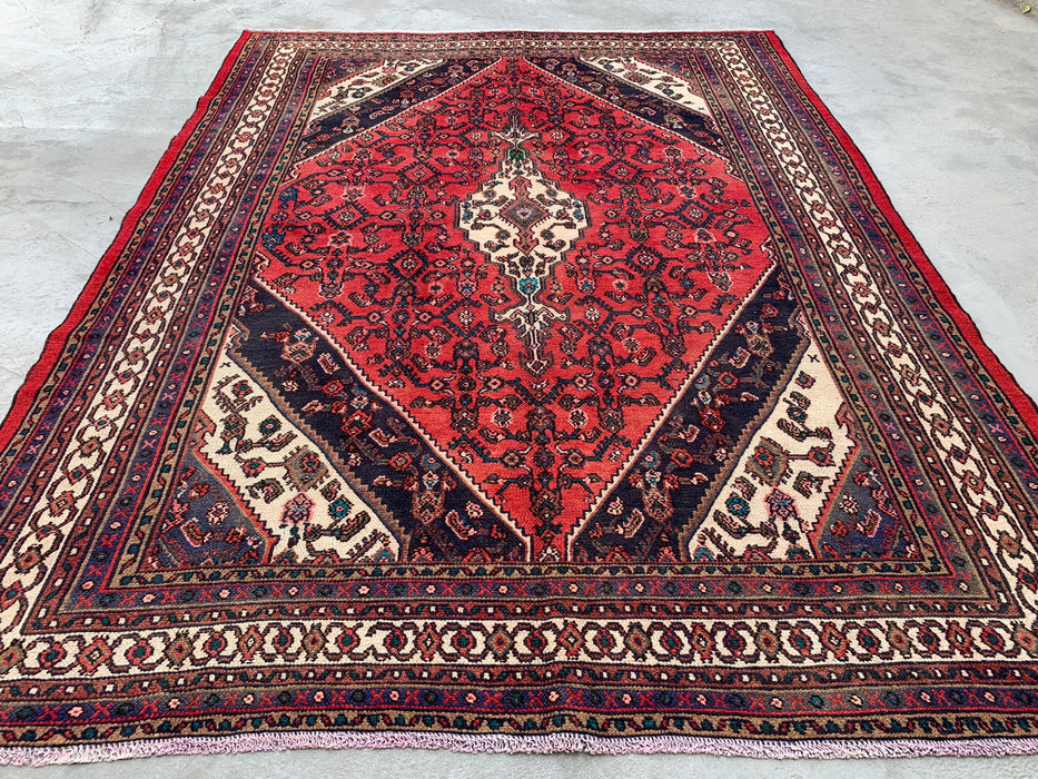 Handmade Persian Wool Area Rug 7x10 - Red, Navy & Ivory Geometric Medallion Persian Style Rug - Exact Size 9'3" x 6'11" - KBHM-747