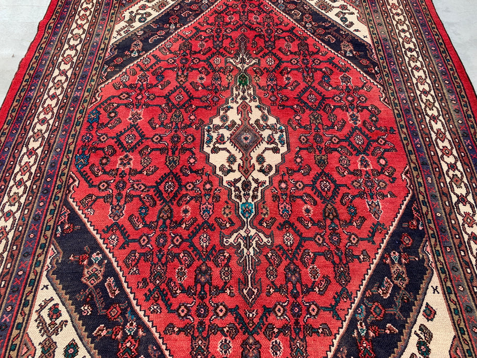 Handmade Persian Wool Area Rug 7x10 - Red, Navy & Ivory Geometric Medallion Persian Style Rug - Exact Size 9'3" x 6'11" - KBHM-747