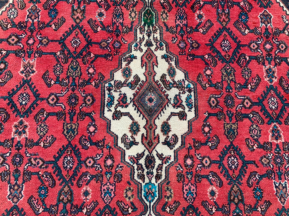 Handmade Persian Wool Area Rug 7x10 - Red, Navy & Ivory Geometric Medallion Persian Style Rug - Exact Size 9'3" x 6'11" - KBHM-747