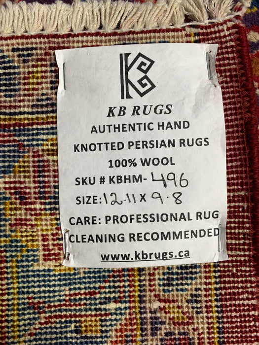 9’8” × 12’11” Hand-Knotted Wool Rug – Red with Navy & Light Blue Floral Medallion Design