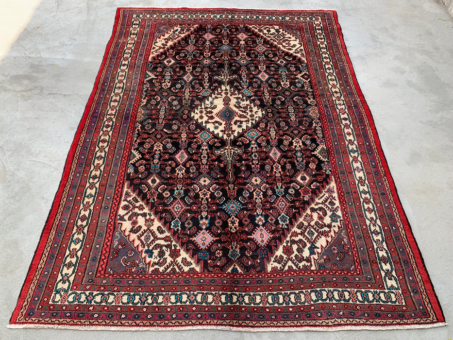 Handmade Persian Wool Area Rug 7x10 - Navy, Red & Ivory Floral Medallion Persian Style Rug - Exact Size 9'8" x 7'0" - KBHM-748