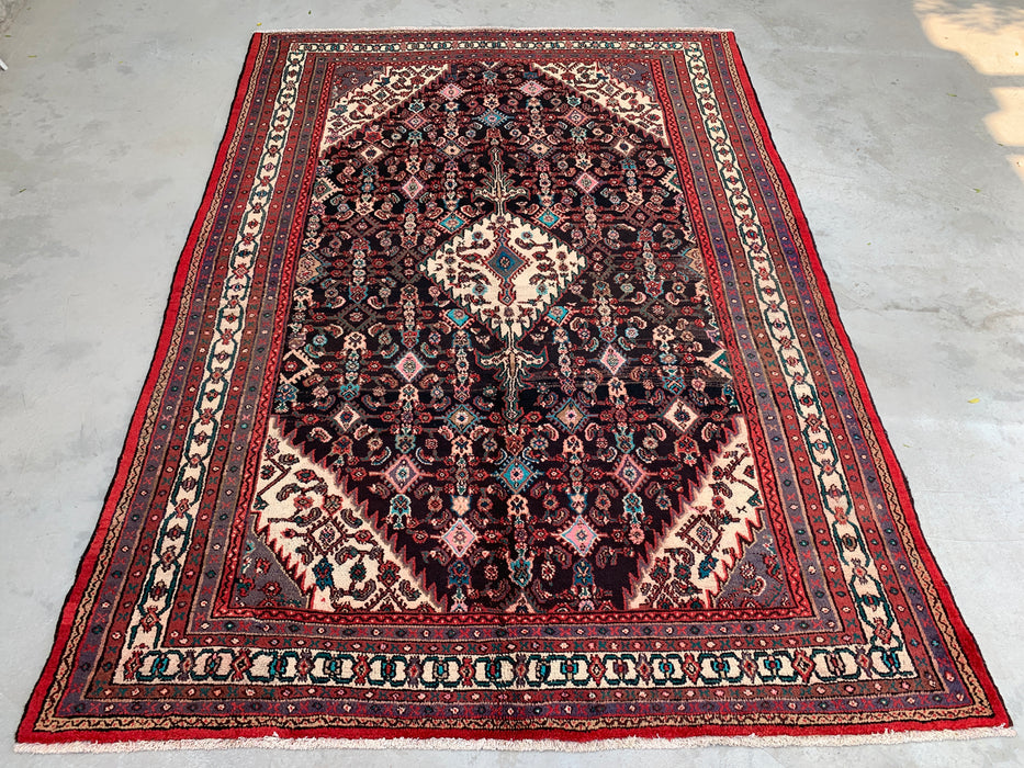 Handmade Persian Wool Area Rug 7x10 - Navy, Red & Ivory Floral Medallion Persian Style Rug - Exact Size 9'8" x 7'0" - KBHM-748