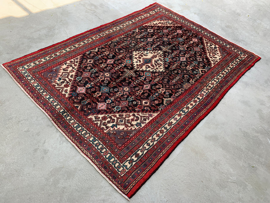 Handmade Persian Wool Area Rug 7x10 - Navy, Red & Ivory Floral Medallion Persian Style Rug - Exact Size 9'8" x 7'0" - KBHM-748