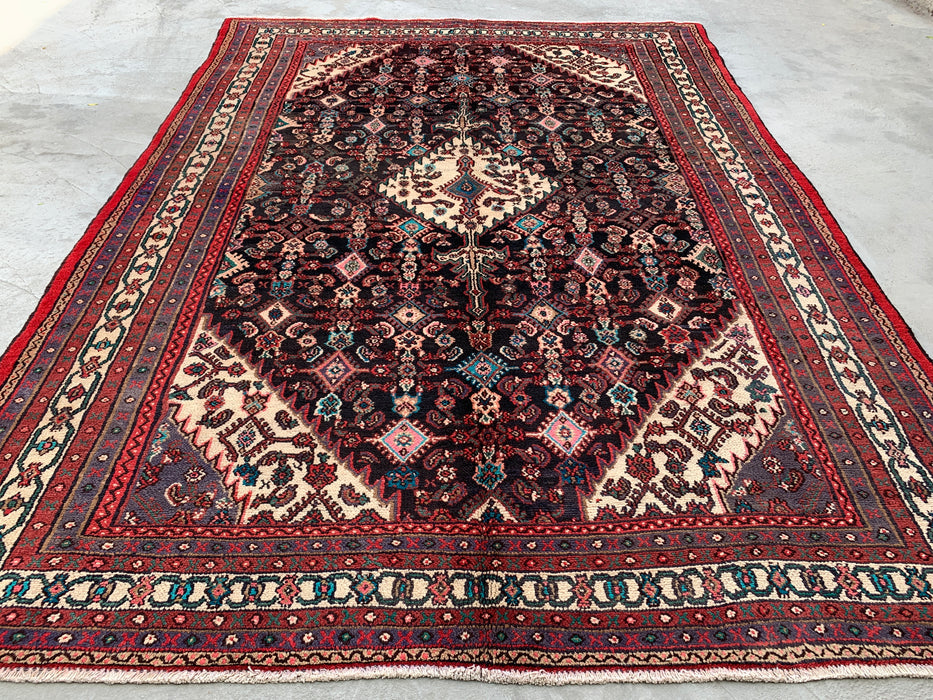 Handmade Persian Wool Area Rug 7x10 - Navy, Red & Ivory Floral Medallion Persian Style Rug - Exact Size 9'8" x 7'0" - KBHM-748