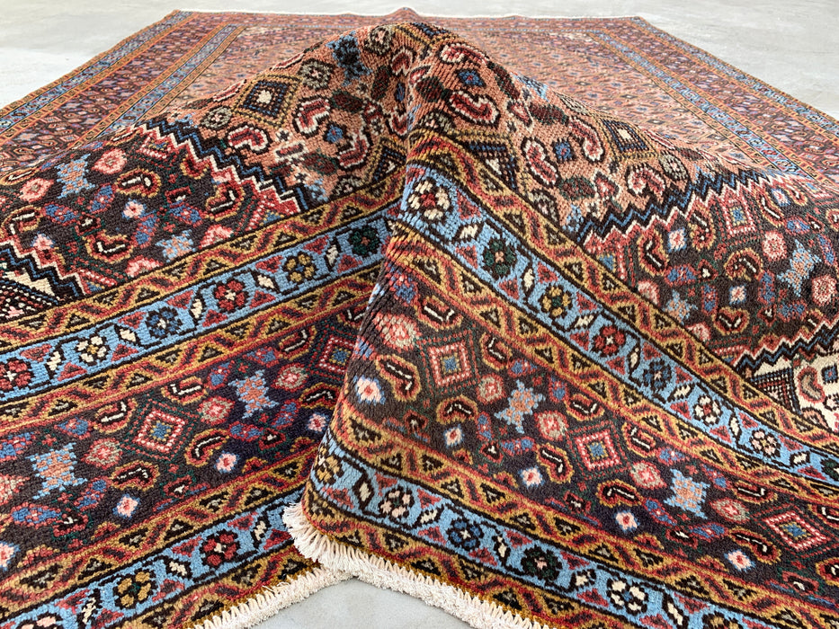 Handmade Persian Wool Area Rug 7x10 - Beige, Brown & Soft Blue Vintage Medallion Persian Style Rug - Exact Size 9'2" x 6'3" - KBHM-749