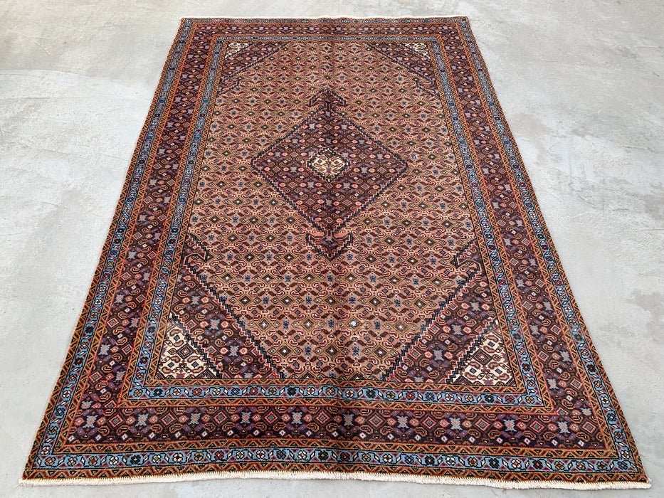 Handmade Persian Wool Area Rug 7x10 - Beige, Brown & Soft Blue Vintage Medallion Persian Style Rug - Exact Size 9'2" x 6'3" - KBHM-749