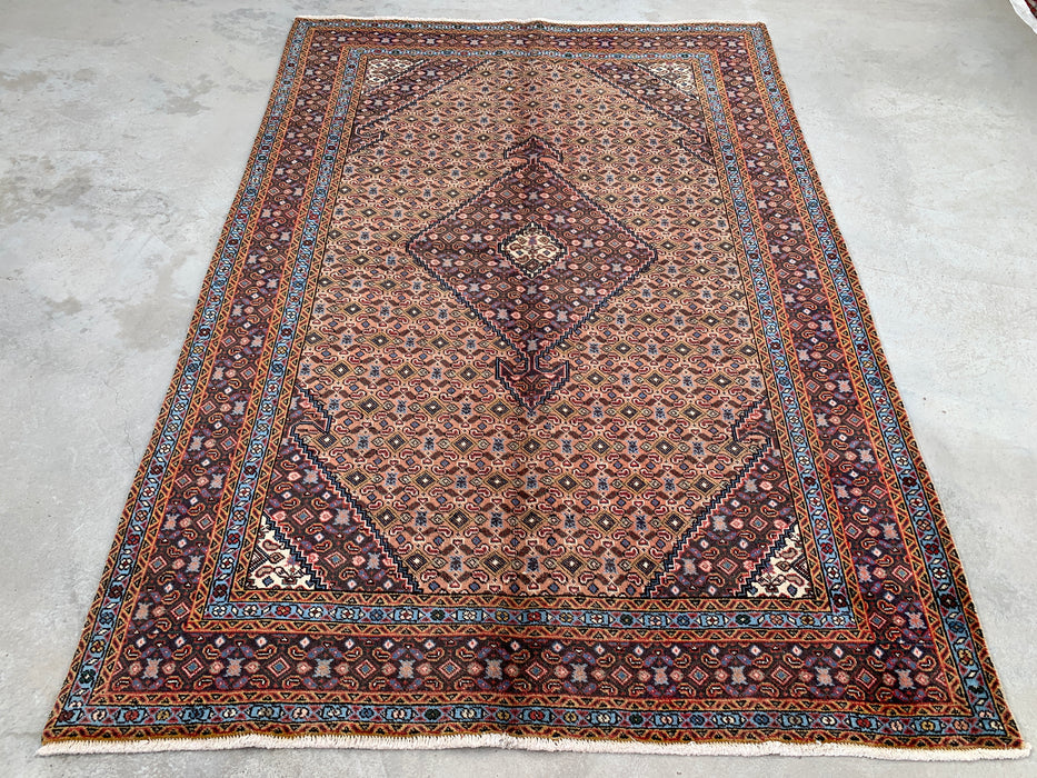 Handmade Persian Wool Area Rug 7x10 - Beige, Brown & Soft Blue Vintage Medallion Persian Style Rug - Exact Size 9'2" x 6'3" - KBHM-749