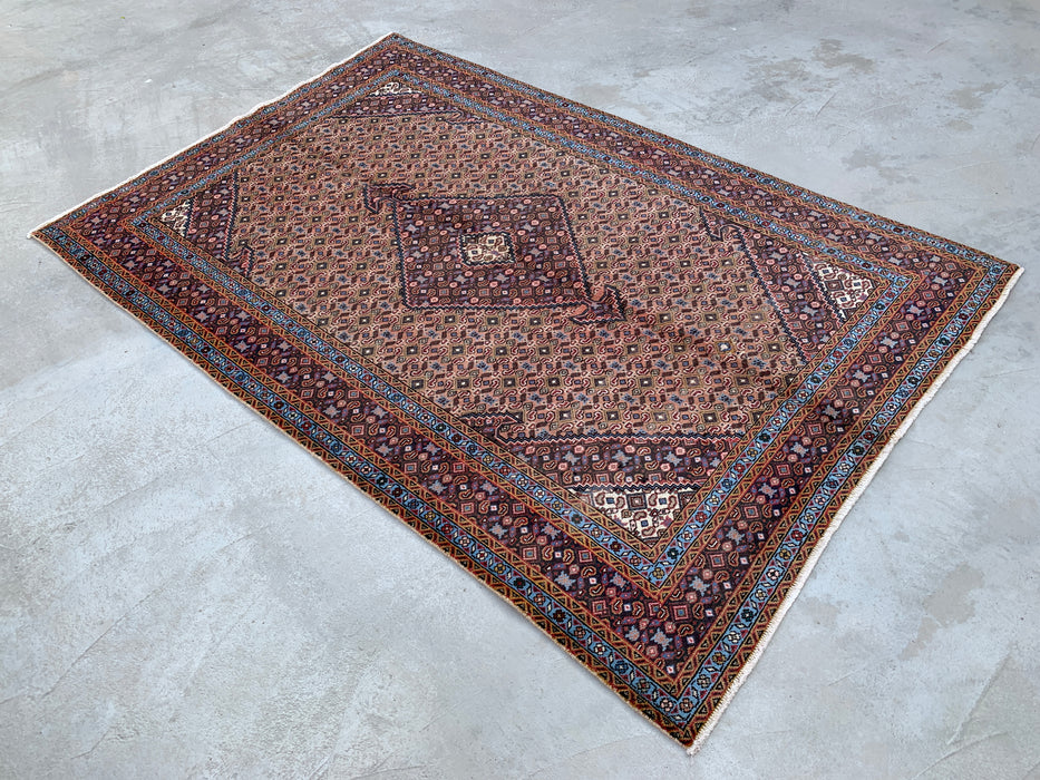 Handmade Persian Wool Area Rug 7x10 - Beige, Brown & Soft Blue Vintage Medallion Persian Style Rug - Exact Size 9'2" x 6'3" - KBHM-749