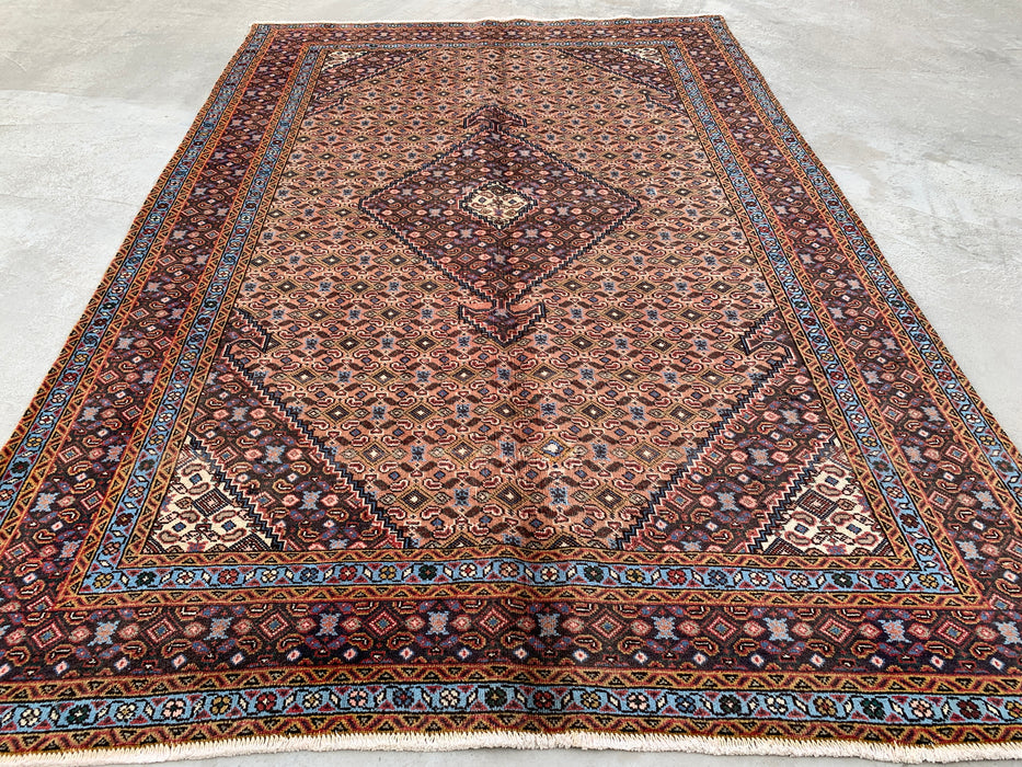 Handmade Persian Wool Area Rug 7x10 - Beige, Brown & Soft Blue Vintage Medallion Persian Style Rug - Exact Size 9'2" x 6'3" - KBHM-749