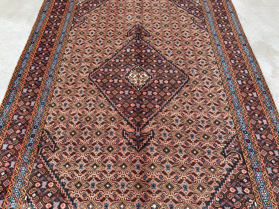 Handmade Persian Wool Area Rug 7x10 - Beige, Brown & Soft Blue Vintage Medallion Persian Style Rug - Exact Size 9'2" x 6'3" - KBHM-749