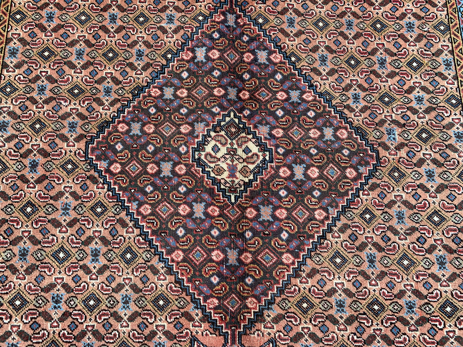 Handmade Persian Wool Area Rug 7x10 - Beige, Brown & Soft Blue Vintage Medallion Persian Style Rug - Exact Size 9'2" x 6'3" - KBHM-749