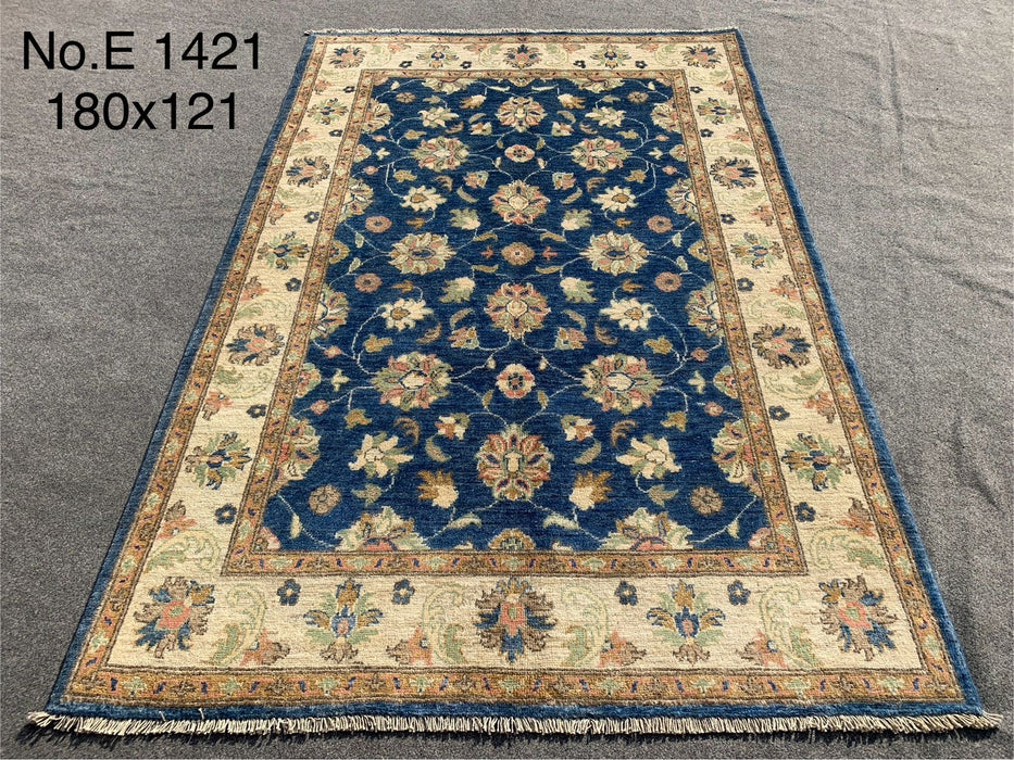 3’9 x 5’9 Hand-Knotted Oriental Rug – Blue Floral with Beige Border