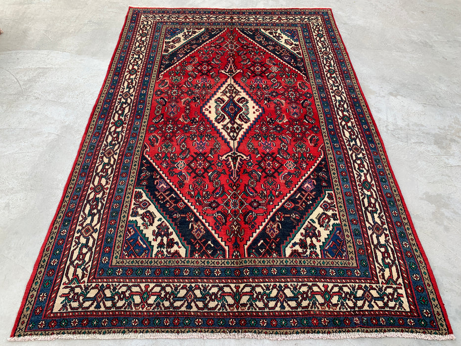 Handmade Persian Wool Area Rug 7x10 - Red, Navy & Ivory Tribal Medallion Persian Style Rug - Exact Size 10'7" x 6'11" - KBHM-750