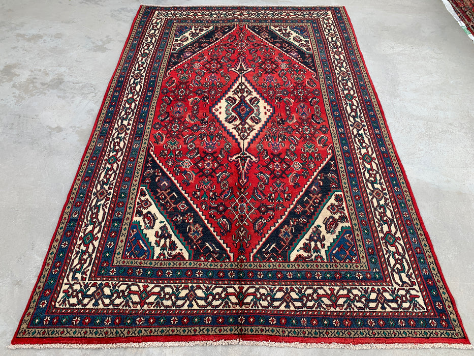 Handmade Persian Wool Area Rug 7x10 - Red, Navy & Ivory Tribal Medallion Persian Style Rug - Exact Size 10'7" x 6'11" - KBHM-750