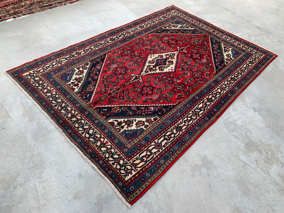 Handmade Persian Wool Area Rug 7x10 - Red, Navy & Ivory Tribal Medallion Persian Style Rug - Exact Size 10'7" x 6'11" - KBHM-750
