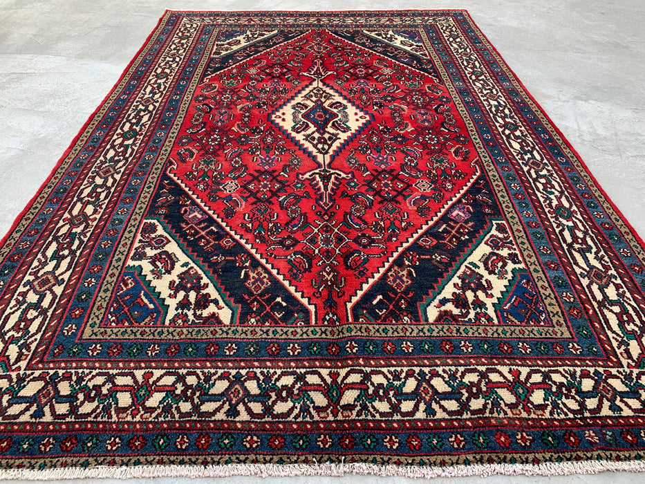 Handmade Persian Wool Area Rug 7x10 - Red, Navy & Ivory Tribal Medallion Persian Style Rug - Exact Size 10'7" x 6'11" - KBHM-750
