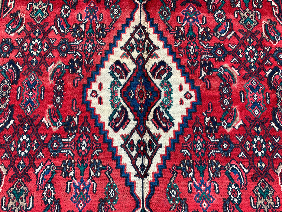 Handmade Persian Wool Area Rug 7x10 - Red, Navy & Ivory Tribal Medallion Persian Style Rug - Exact Size 10'7" x 6'11" - KBHM-750