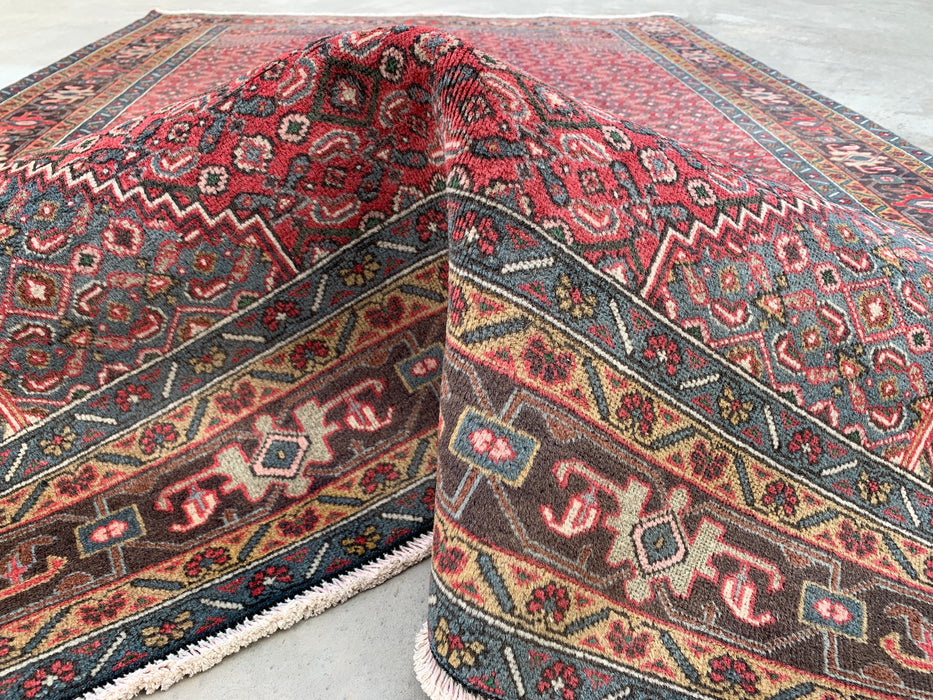 Handmade Persian Wool Area Rug 7x10 - Red, Blue & Brown Vintage Medallion Persian Style Rug - Exact Size 9'5" x 6'3" - KBHM-751