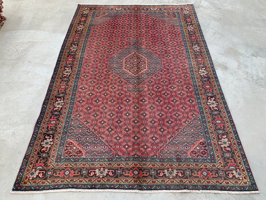 Handmade Persian Wool Area Rug 7x10 - Red, Blue & Brown Vintage Medallion Persian Style Rug - Exact Size 9'5" x 6'3" - KBHM-751