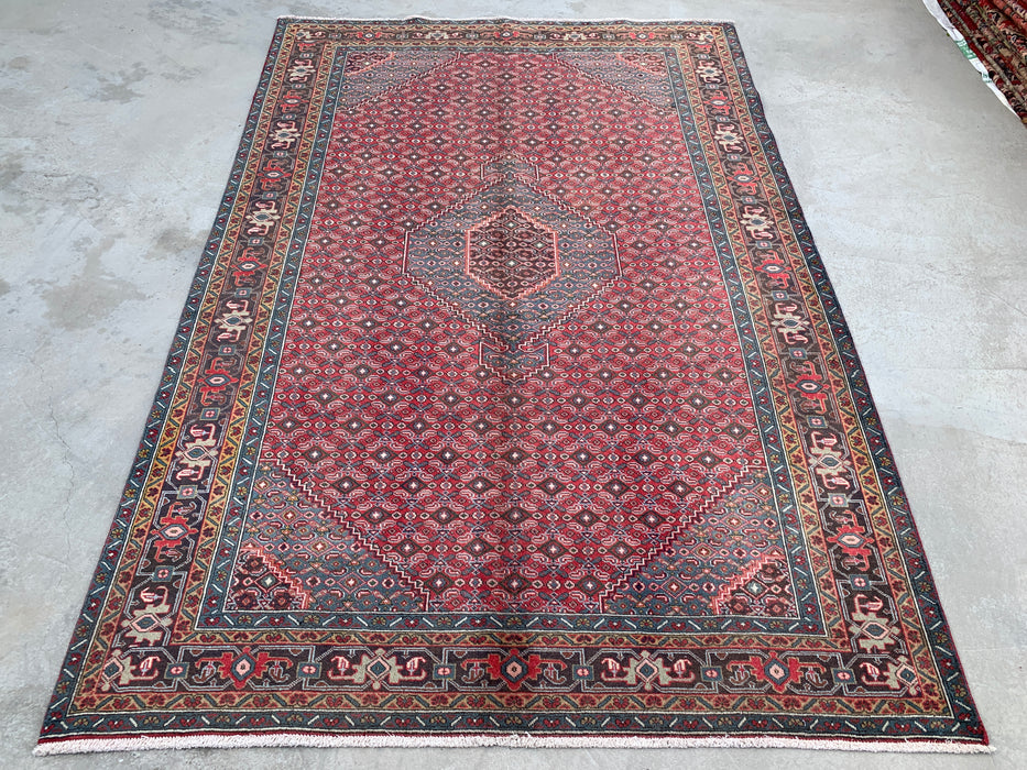 Handmade Persian Wool Area Rug 7x10 - Red, Blue & Brown Vintage Medallion Persian Style Rug - Exact Size 9'5" x 6'3" - KBHM-751