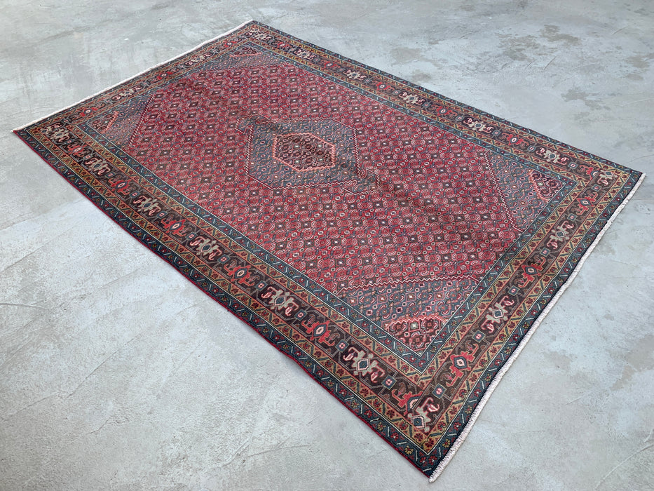 Handmade Persian Wool Area Rug 7x10 - Red, Blue & Brown Vintage Medallion Persian Style Rug - Exact Size 9'5" x 6'3" - KBHM-751