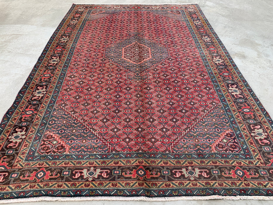 Handmade Persian Wool Area Rug 7x10 - Red, Blue & Brown Vintage Medallion Persian Style Rug - Exact Size 9'5" x 6'3" - KBHM-751