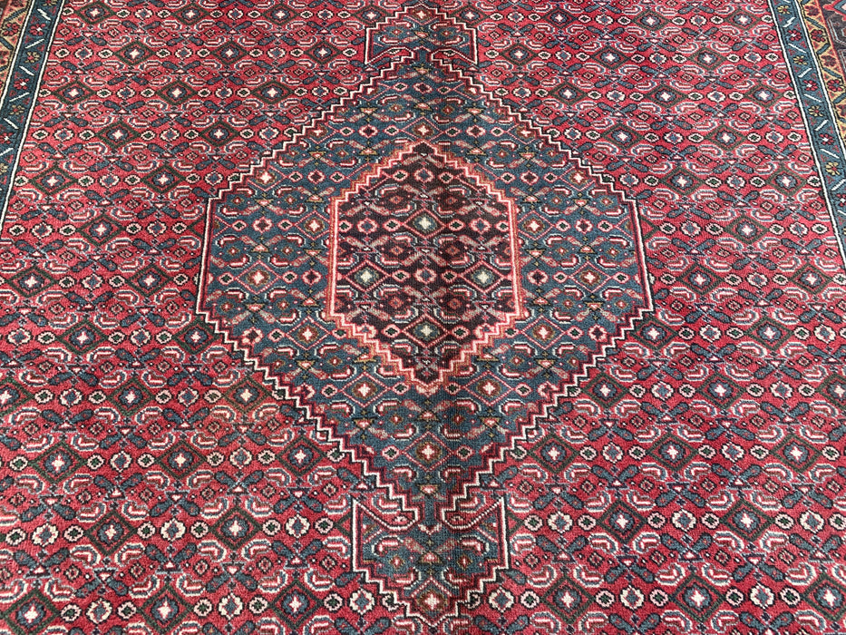Handmade Persian Wool Area Rug 7x10 - Red, Blue & Brown Vintage Medallion Persian Style Rug - Exact Size 9'5" x 6'3" - KBHM-751