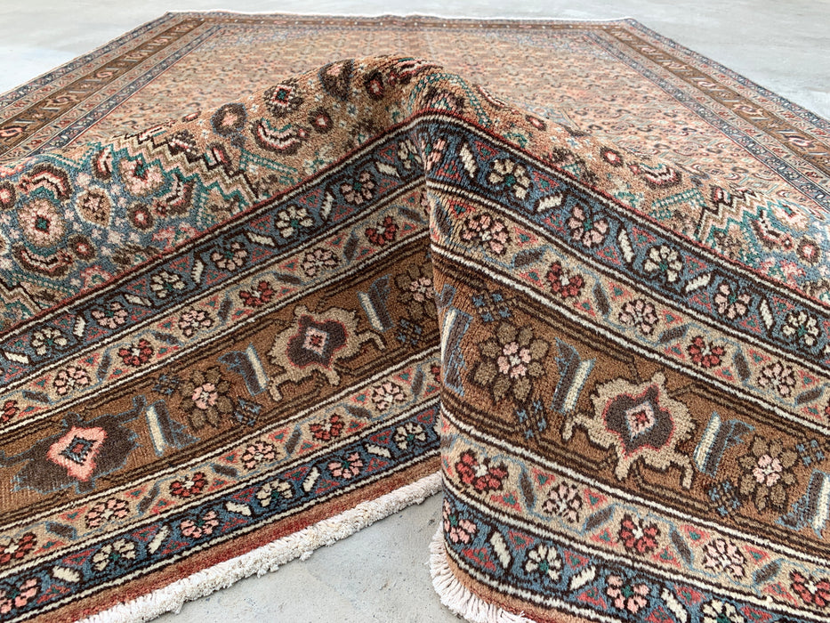 Handmade Persian Wool Area Rug 7x10 - Beige, Brown & Soft Blue Vintage Medallion Persian Style Rug - Exact Size 9'5" x 6'5" - KBHM-752