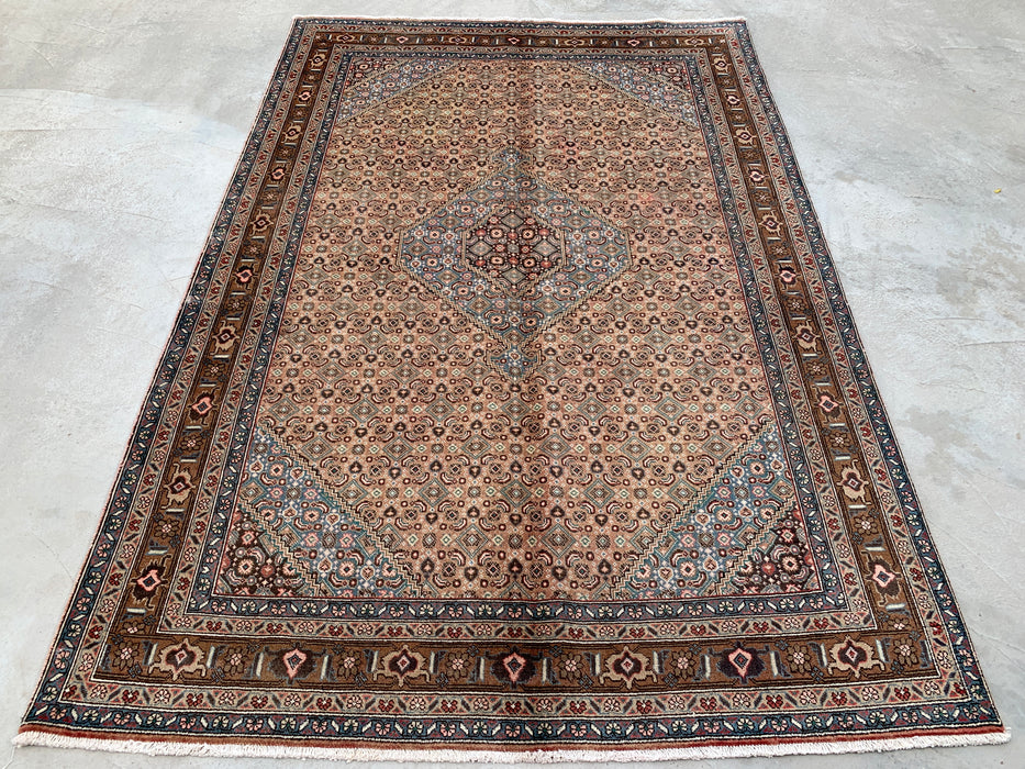 Handmade Persian Wool Area Rug 7x10 - Beige, Brown & Soft Blue Vintage Medallion Persian Style Rug - Exact Size 9'5" x 6'5" - KBHM-752