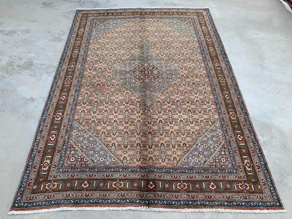 Handmade Persian Wool Area Rug 7x10 - Beige, Brown & Soft Blue Vintage Medallion Persian Style Rug - Exact Size 9'5" x 6'5" - KBHM-752
