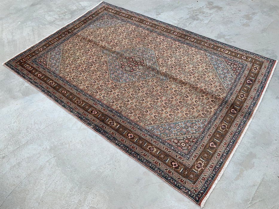 Handmade Persian Wool Area Rug 7x10 - Beige, Brown & Soft Blue Vintage Medallion Persian Style Rug - Exact Size 9'5" x 6'5" - KBHM-752