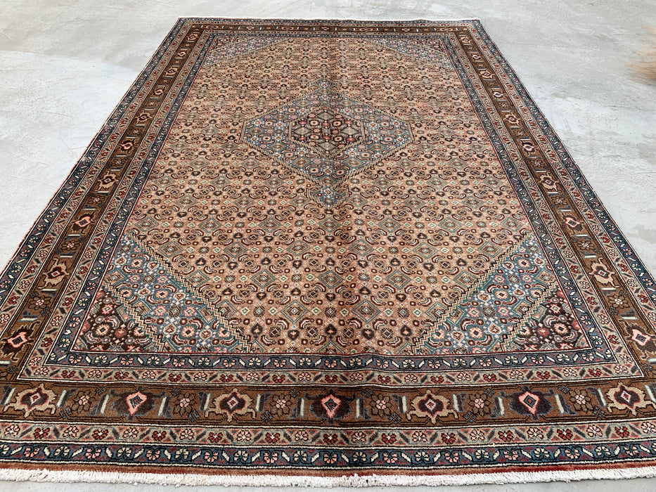 Handmade Persian Wool Area Rug 7x10 - Beige, Brown & Soft Blue Vintage Medallion Persian Style Rug - Exact Size 9'5" x 6'5" - KBHM-752