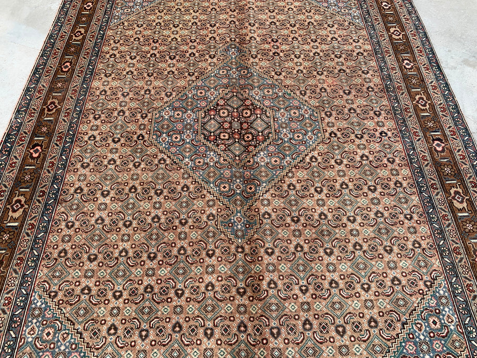 Handmade Persian Wool Area Rug 7x10 - Beige, Brown & Soft Blue Vintage Medallion Persian Style Rug - Exact Size 9'5" x 6'5" - KBHM-752