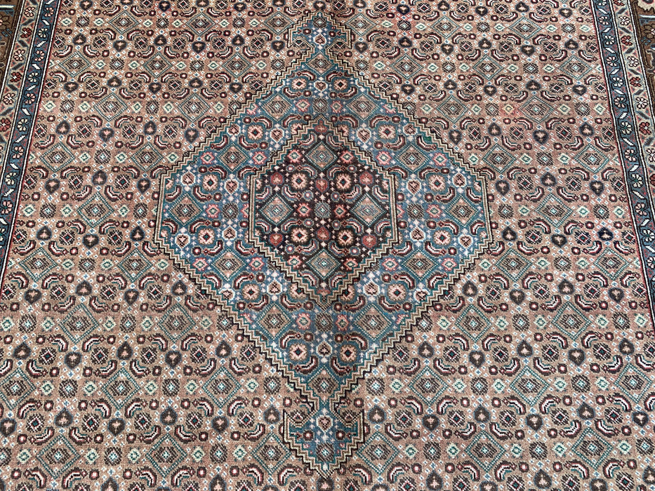 Handmade Persian Wool Area Rug 7x10 - Beige, Brown & Soft Blue Vintage Medallion Persian Style Rug - Exact Size 9'5" x 6'5" - KBHM-752