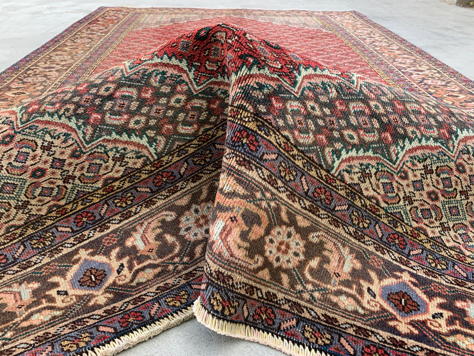 Handmade Persian Wool Area Rug 7x10 - Red, Brown & Ivory Vintage Medallion Persian Style Rug - Exact Size 9'7" x 6'2" - KBHM-755