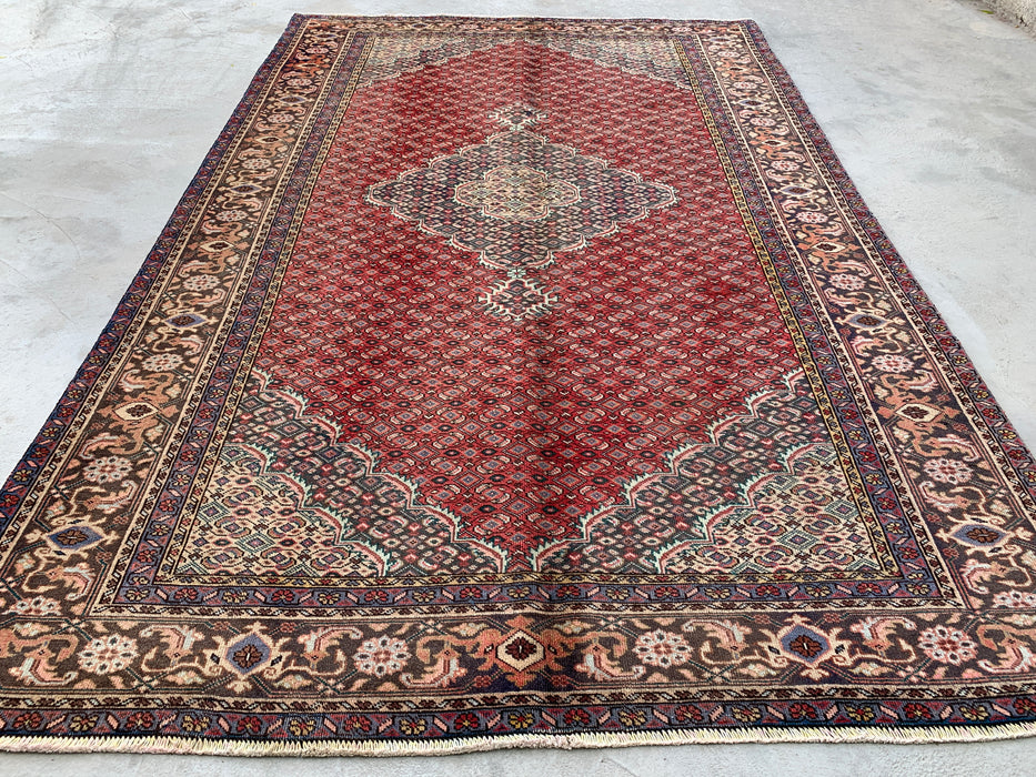 Handmade Persian Wool Area Rug 7x10 - Red, Brown & Ivory Vintage Medallion Persian Style Rug - Exact Size 9'7" x 6'2" - KBHM-755