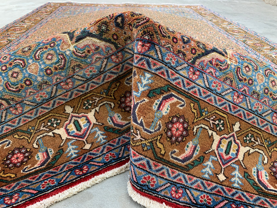 Handmade Persian Wool Area Rug 7x10 - Beige, Blue & Brown Vintage Medallion Persian Style Rug - Exact Size 9'8" x 6'5" - KBHM-756