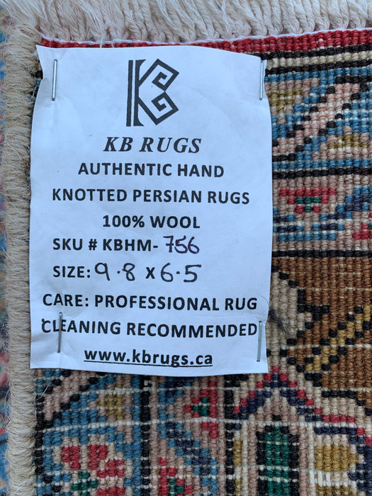 Handmade Persian Wool Area Rug 7x10 - Beige, Blue & Brown Vintage Medallion Persian Style Rug - Exact Size 9'8" x 6'5" - KBHM-756