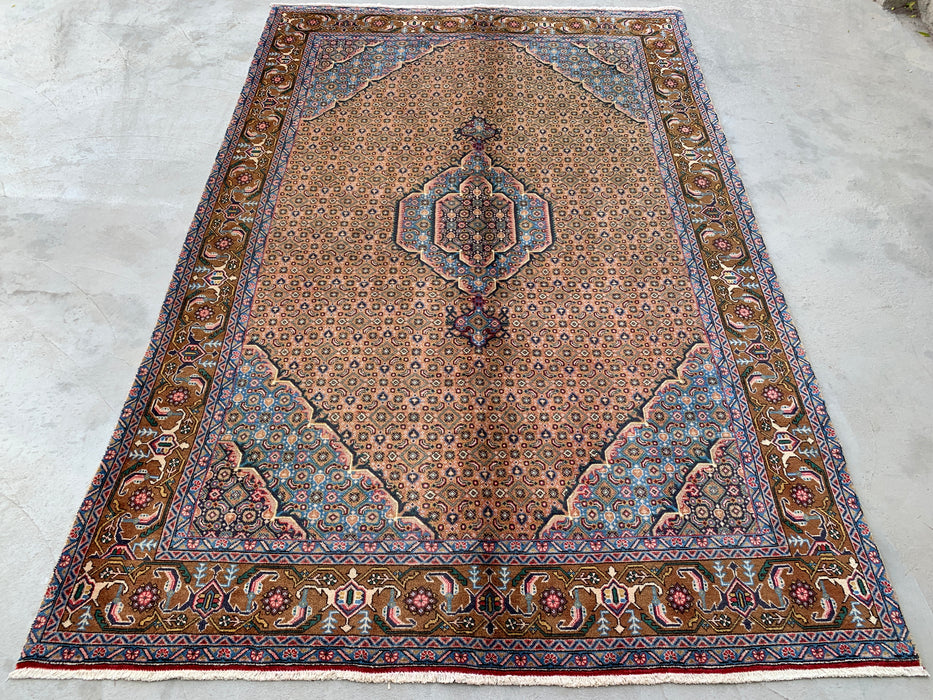 Handmade Persian Wool Area Rug 7x10 - Beige, Blue & Brown Vintage Medallion Persian Style Rug - Exact Size 9'8" x 6'5" - KBHM-756
