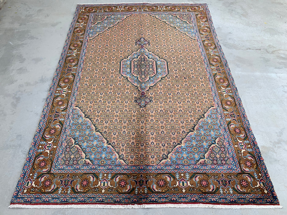 Handmade Persian Wool Area Rug 7x10 - Beige, Blue & Brown Vintage Medallion Persian Style Rug - Exact Size 9'8" x 6'5" - KBHM-756