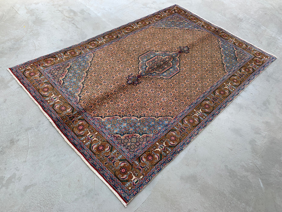 Handmade Persian Wool Area Rug 7x10 - Beige, Blue & Brown Vintage Medallion Persian Style Rug - Exact Size 9'8" x 6'5" - KBHM-756